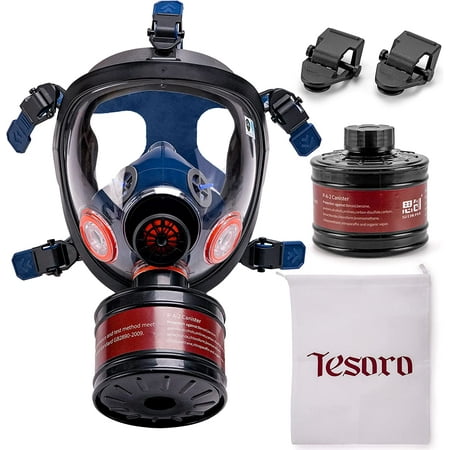 Tesoro Moda Survival & Tactical Full Face Gas Mask Respirator - Heavy-Duty Anti-Fog Air Filtration Mask with 40mm Activated Charcoal Filter for Vapor, Smoke & Particulates