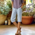 thumbnail image 6 of Josdec Women's Casual Striped Linen Bermuda Shorts Elastic High Waist Straight Leg Knee Length with Pockets for Summer Daily Beach Wear, 6 of 7