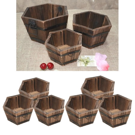 6x Wooden Bucket Plants Flower Pots Hexagonal Top Outdoor Garden Patio Decor