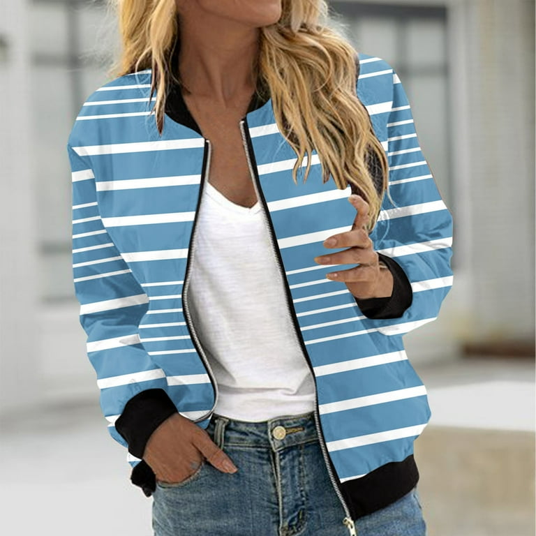 QATAINLAV Womens Striped Bomber Jacket 2024 Trendy Casual Varsity
