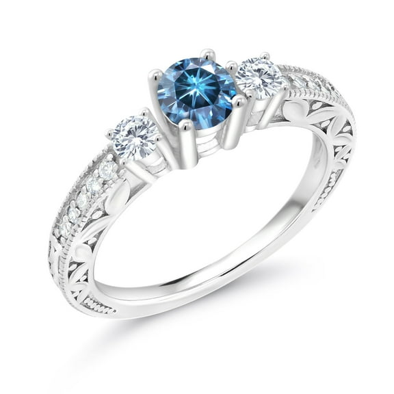 Gem Stone King 925 Sterling Silver 3-Stone Ring Set with Round Persian Blue Moissanite and Moissanite (0.83 Cttw, Size 6)