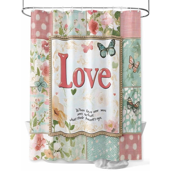 Fsddascl Spring Pink Green Check Shower Curtain Set - 60" x 72" Washable Bathtub Curtain with 12 Hooks, Vintage Floral Checkered Love Waterproof Fabric Stall Shower Curtains for Bathroom/Bathtub