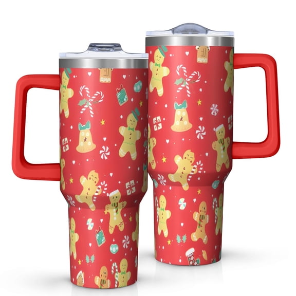 Red Christmas Gingerbread Man Pattern Tumbler with Handle and Lid,40oz Double Wall Vacuum Insulated Tumbler,Cups Gift for Women and Men