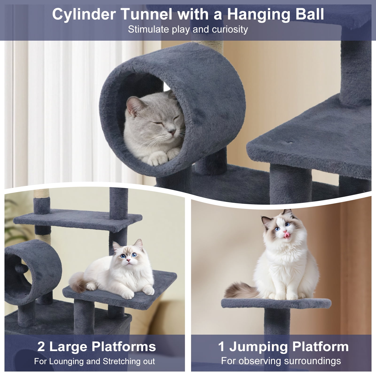 Gymax 48'' Tall Cat Tree w/ Large Condo Padded Top Perch Jute Scratching Post Tunnel Dark Grey