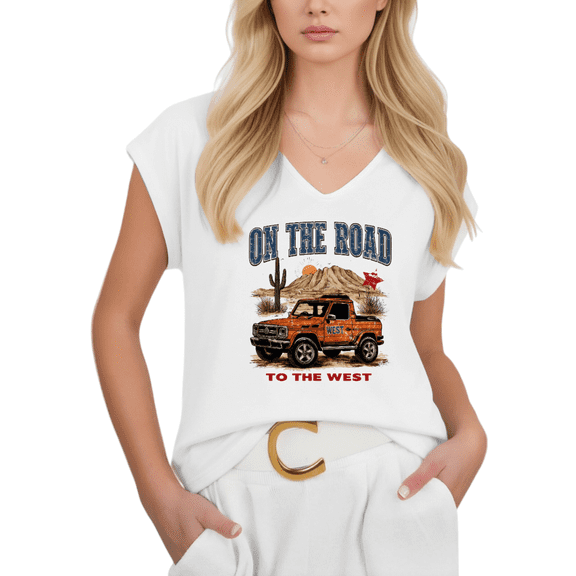 Cozymy Womens On The Road Vintage Truck Graphic Tshirt V Neck Sleeveless Tshirt Graphic Tees Shirts Casual Summer Travel Style Tops S 5XL