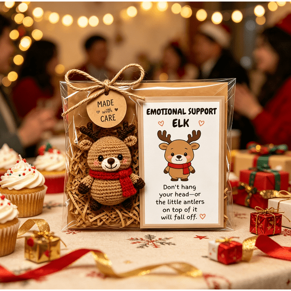 Handmade Christmas Therapy Plush Crew, Knitted Emotional Support Elk Doll, Small Crochet Keepsake, Comfort Gift for Christmas Gatherings