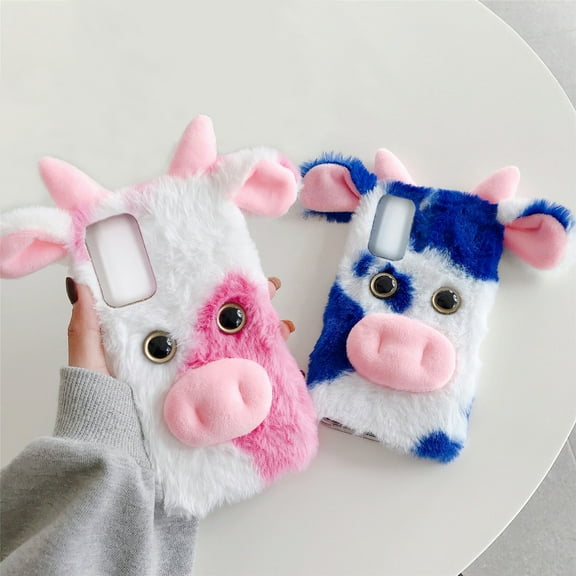 Phone Case for Samsung S21, Plush Soft Fluffy Pink Cow Cute Animal Protective Comfortable Phone Shell