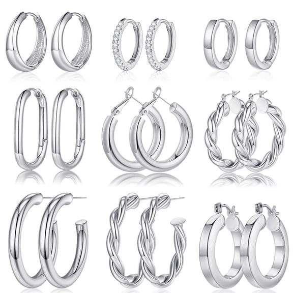 Turandoss 9 Pairs 14K White Gold Plated Twisted Chunky Huggie Hoop Earrings Set for Women Sensitive Ears Waterproof Thick Lightweight Fashion Accessories Jewelry Birthday Gifts for Her Mom Wife Ideas