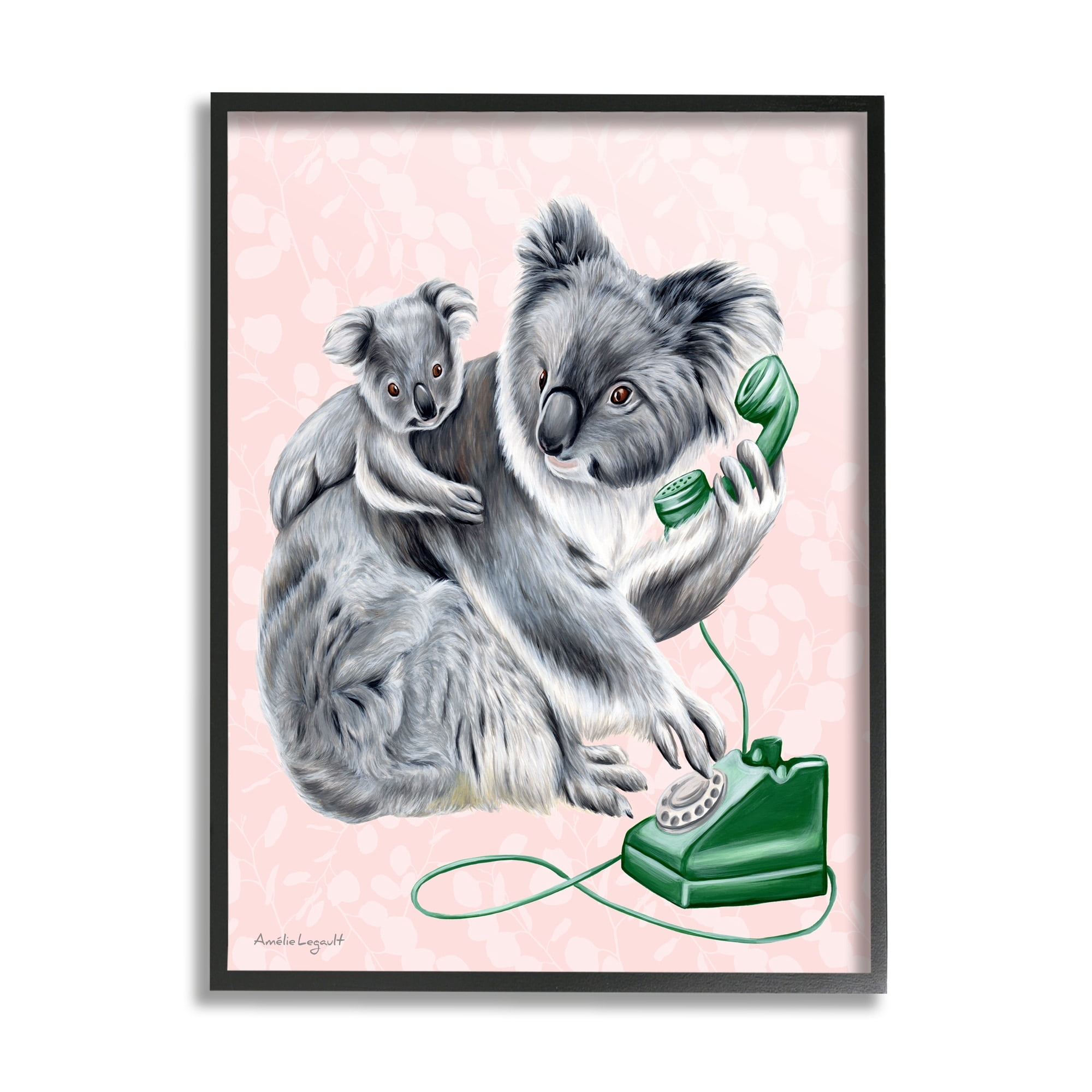 Stupell Industries Koala & Baby Green Rotary Phone Vintage Botanicals Graphic Art Black Framed Art Print Wall Art, Design by Amelie Legault