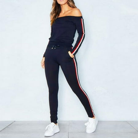 

TINYSOME Women Off shoulder Long Sleeve Side Stripe Tops And Pencil Pants Tracksuit