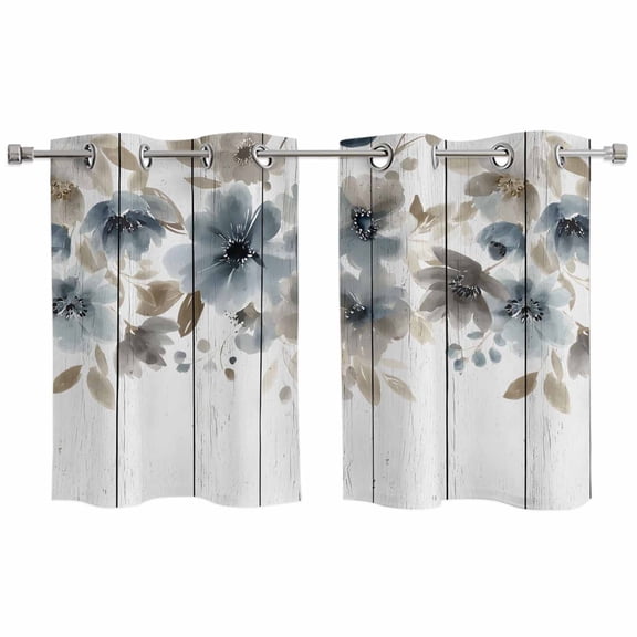 2 Panels Kitchen Tier Curtains 39 Inch Length, Blue Brown Spring Floral Grommets Window Treatment Curtain, Watercolor Botanical Vintage Thermal Curtains Drapes for Living Room/Bathroom