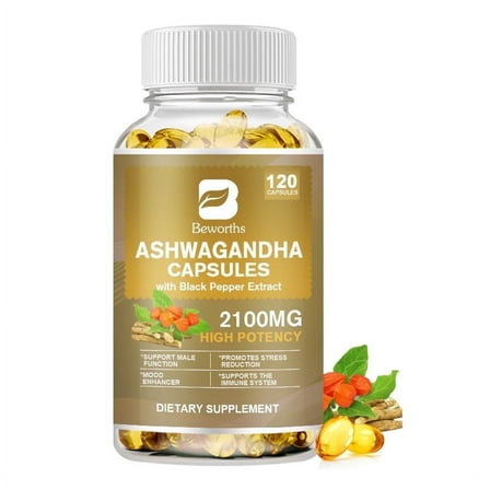 Organic Ashwagandha 2,100 mg - 120 Veggie Capsules Pure  Ashwagandha Powder and Root Extract Supplement - Stress Relief, Mood Enhancer