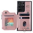 thumbnail image 5 of Crossbody Wallet Case for Samsung Galaxy S22 Ultra with Card Slot Holder, Magnetic Flip Folio Purse Case, PU Leather Zipper Handbag with Detachable Lanyard Strap & Shoulder Strap, Rosegold, 5 of 10