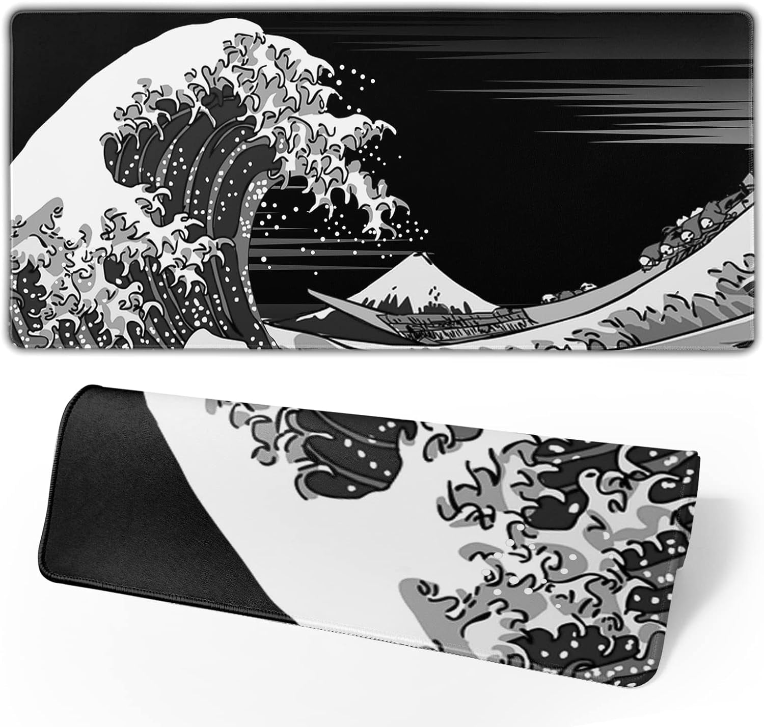 Japanese Sea Wave Large Mouse Pad Abstract Black Sea Wave Texture Mouse Pad Non-Slip Rubber Base Large Gaming Mousepad, Kanagawa Stitched Edges PC Keyboard Desk Mat for Home Office 35.4 x 15.7 Inch