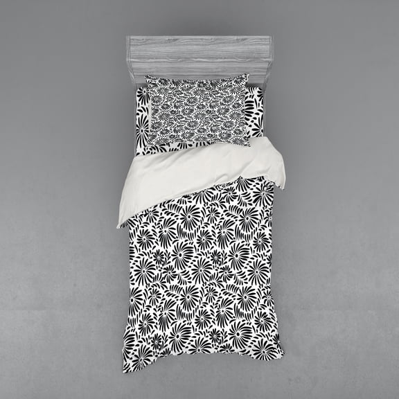 Ambesonne Black and White Bedding Set 3 Pcs, Simple Flower, Twin, Black White
