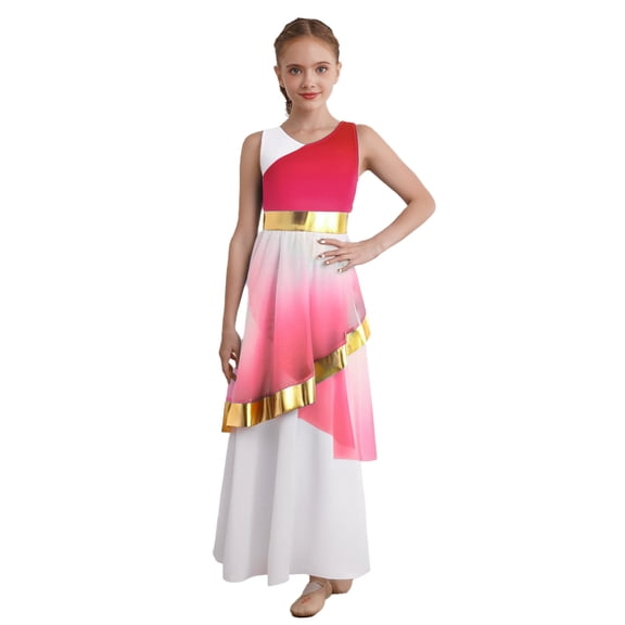 vastwit Kids Girls Elegant Praise Dance Dress Liturgical Worship Sleeveless Metallic Full Length Worship Robe Tunic Gown Red 6