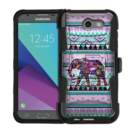 Hybrid Tea Collection - Samsung Galaxy J3 Luna Pro Armor Hybrid Case Elephant on Aztec Andes Tribal Tea 2 Piece Case with Holster for Samsung Galaxy J3 Luna Pro