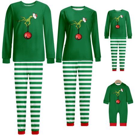 

Family Christmas Pajamas Sets The Grinch Green White Stripe Print Sizes Baby-Kids-Adult-Pet 2 Pieces Top and Pants Bodysuits Unisex Pajamas Set