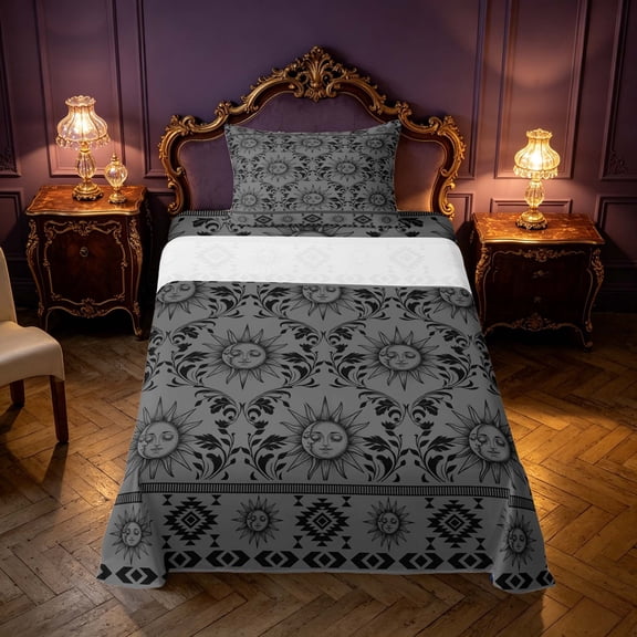 Homewish Boho Sun Moon Twin Sheets, Victorian Damask Aztec Bedding, Gray Black, 3pcs, 1 Flat Sheet, 1 Fitted Sheet and 1 Pillowcase