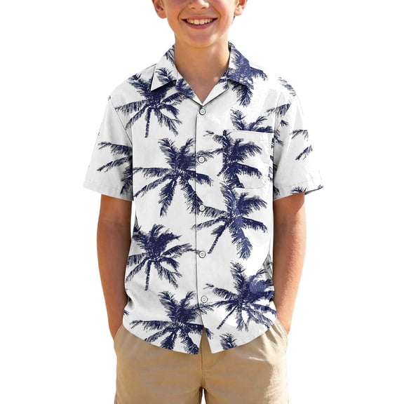 SERTG Boys Hawaiian Print Short Sleeve Shirt Turndown Collar Button Down Casual Top For Boys 3-15 Years Old Summer Fashion Shirt