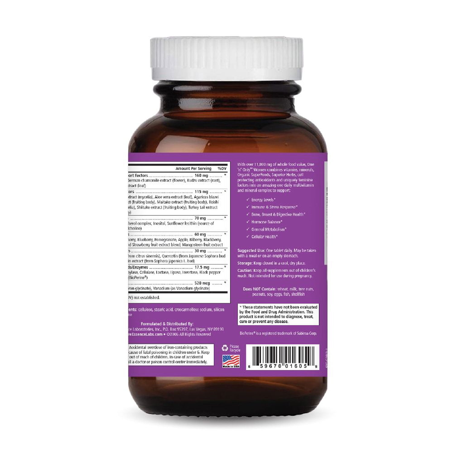 One N Only Multivitamin for Women - One a Day Whole Food Supplement with Superfoods, Minerals, Enzymes, Vitamin D, D3, B12, Biotin by Pure Essence - 90 Tablets