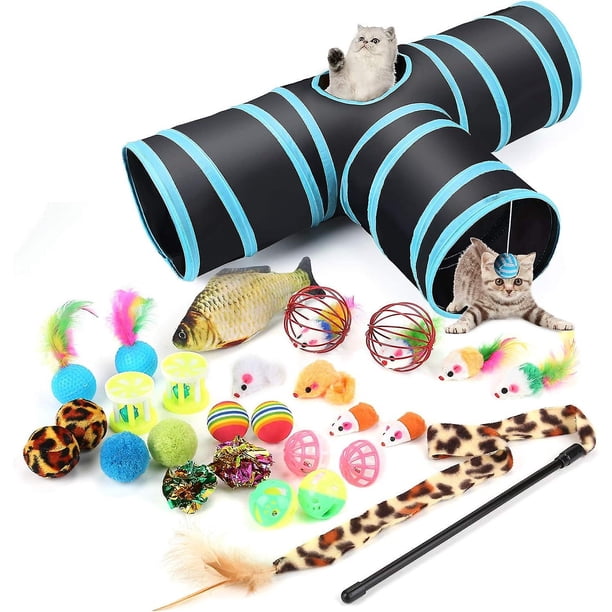 Túnel para gatos Juego para gatos, Túnel para conejos Túnel para mascotas Túnel arrugado de 3 vías Juguete de tubo plegable para gatos Conejos, perros, mascotas, con caña de pescar Juguete para gatos