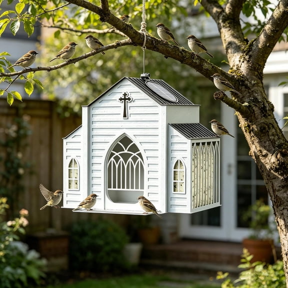 Church Shaped Bird Feeder with Solar Light Metal Hanging Outdoor Solar Bird Feeders Birds Feeding Station for Garden Yard Decor(xxw)