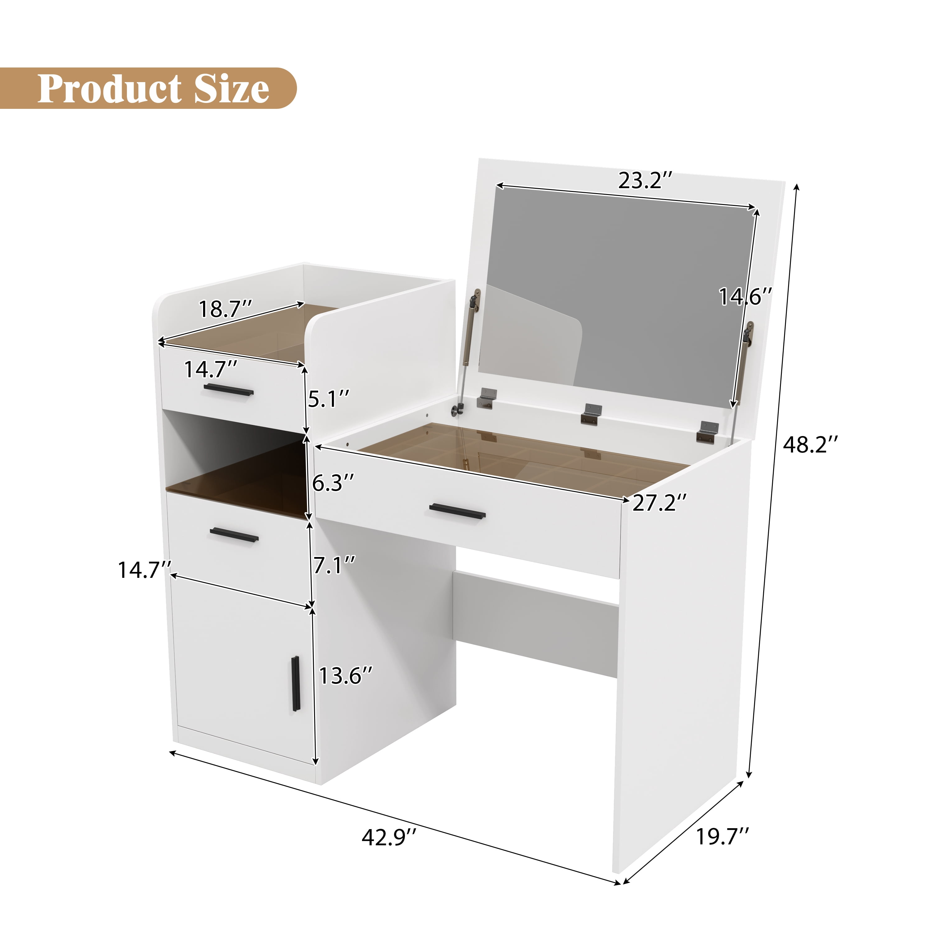 Space-Saving 3-in-1 Vanity Desk with Flip Top Mirror and Hidden Storage, Glass Top Makeup Table with 3 Drawers and Cabinet for Bedroom, White