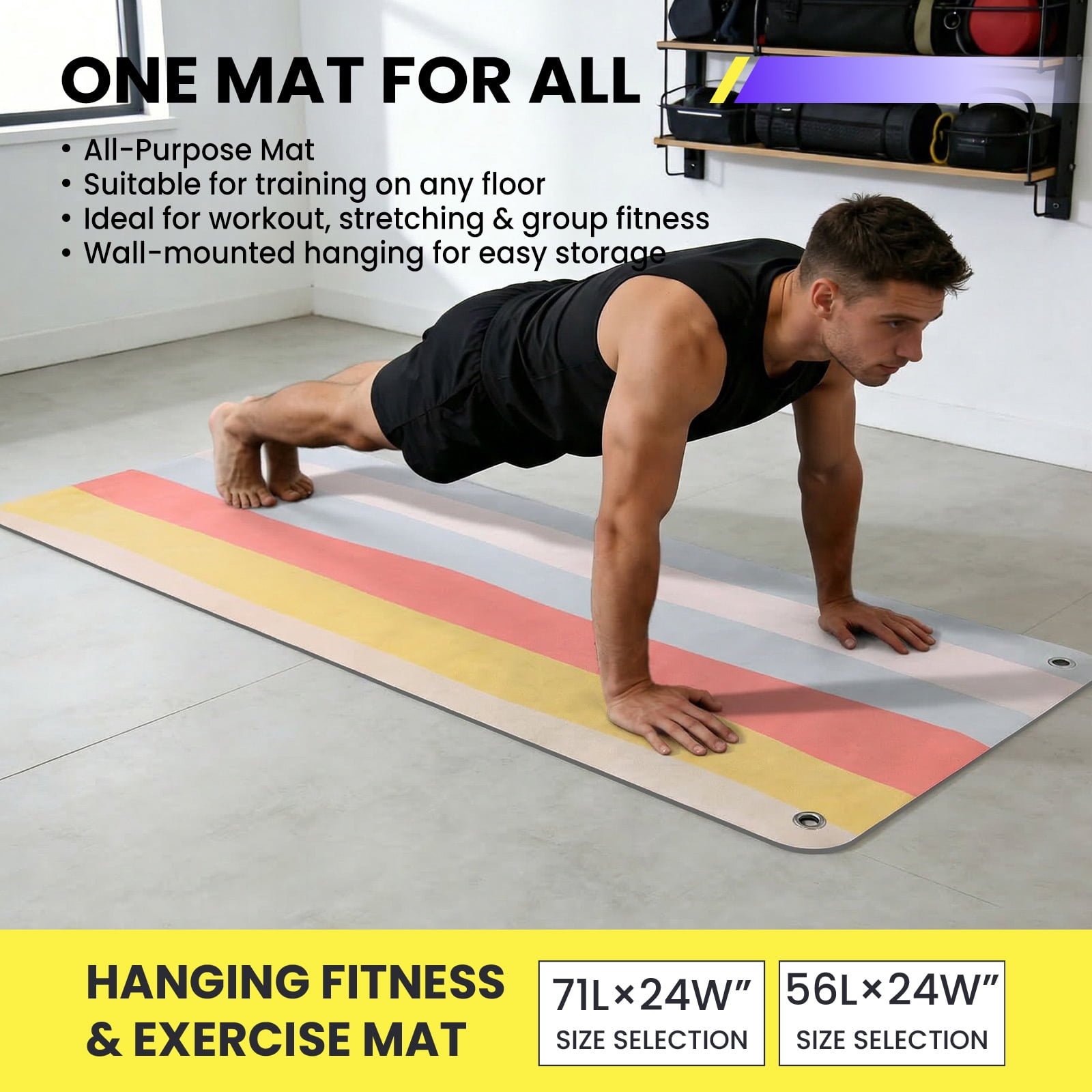 MAROUTE Commercial Grade Hanging Exercise Mat – Durable 5mm Thick PVC Yoga & Workout Mat with Reinforced Holes – Ideal for Home Gym, Pilates, Stretching, Group Fitness – Black