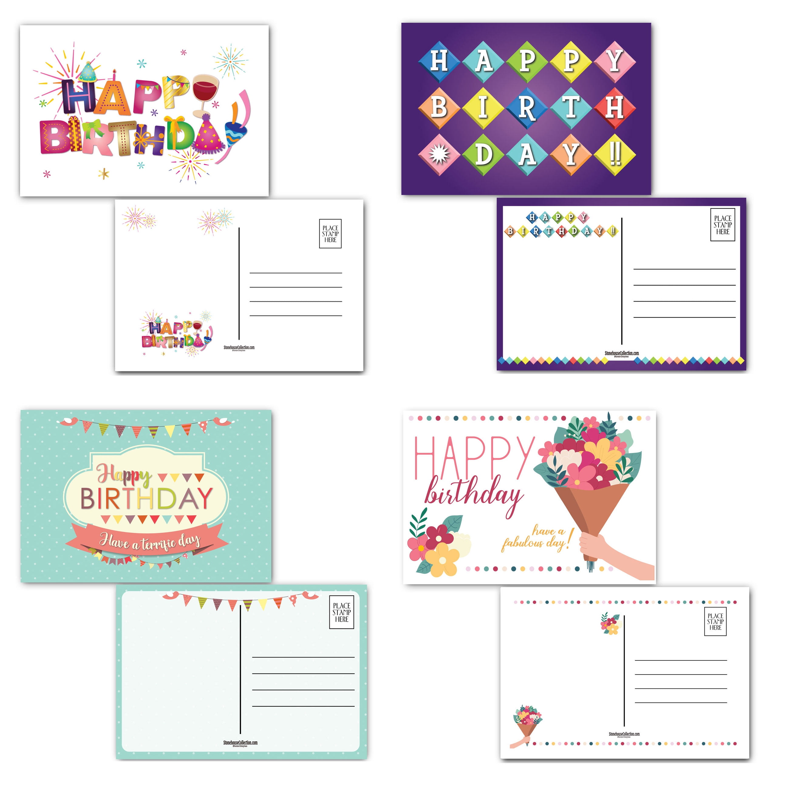 Assorted Happy Birthday Postcards - 4 x 6 Postcards 40 Total 10 of Each Design - B17121