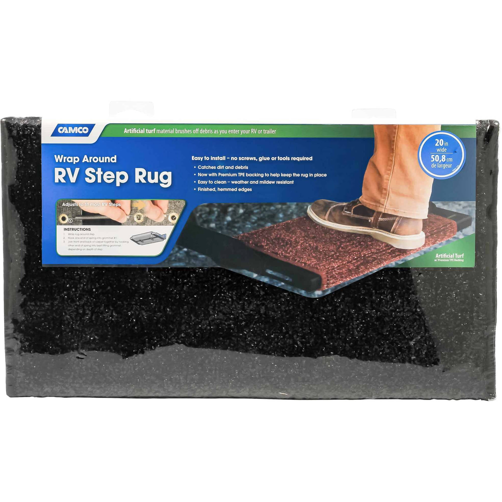 Camco Premium Wrap-Around RV Step Rug | Measures 22-inches by 20-inches | Black (42936)