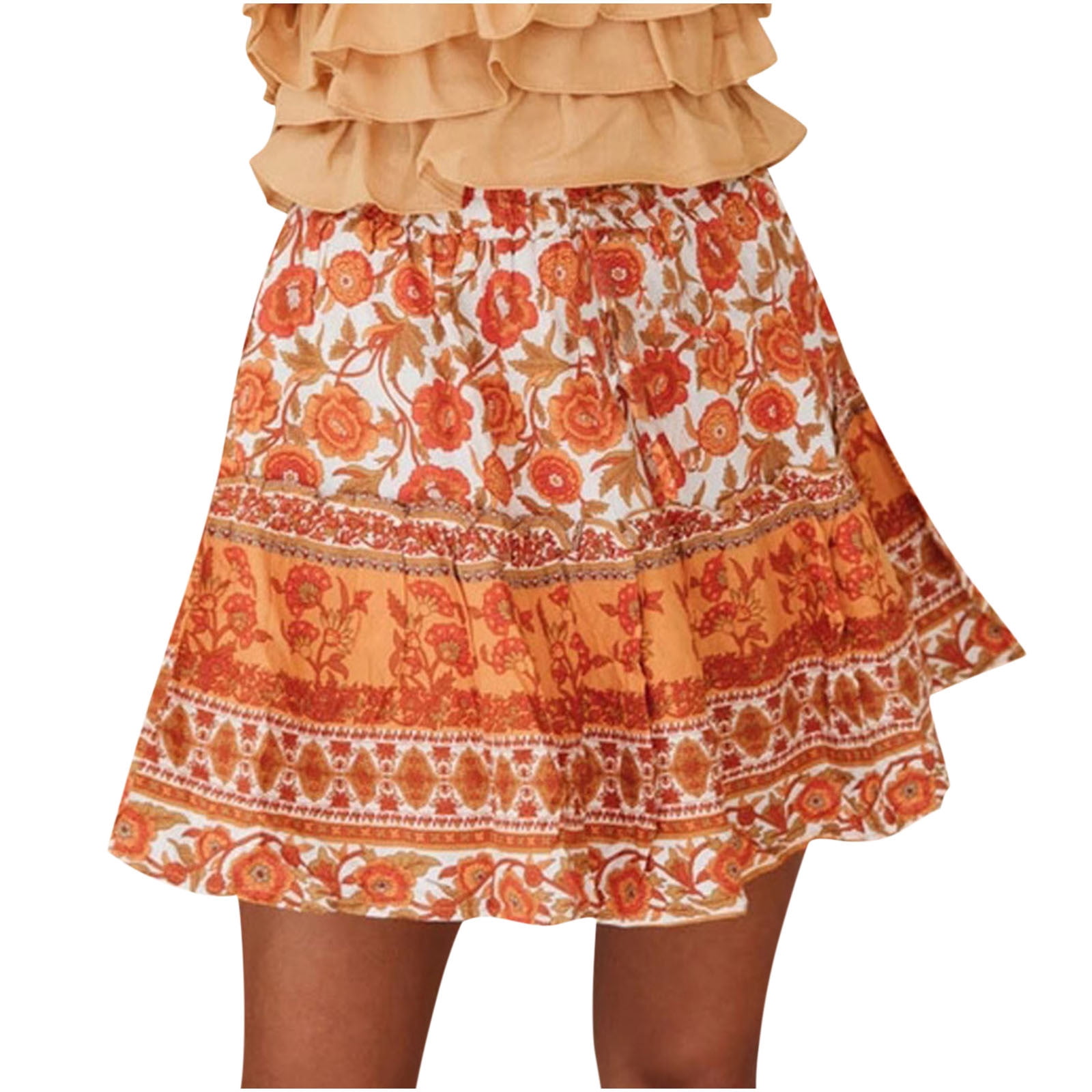 Women's Boho Floral Print Short Skirt Elastic High Waist Layered