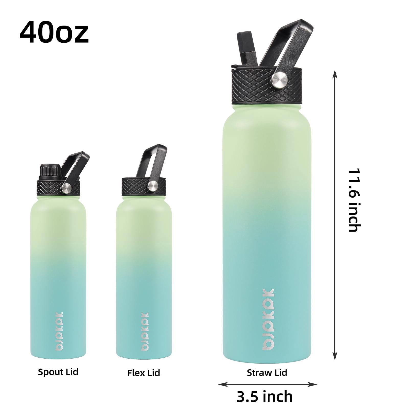 BJPKPK Insulated Water Bottles with Straw Lid, 40oz Stainless Steel Water Bottles with 3 Lids, Large Metal Water Bottle, BPA Free Leakproof Thermos Water Bottle for Sports & Gym- Mint