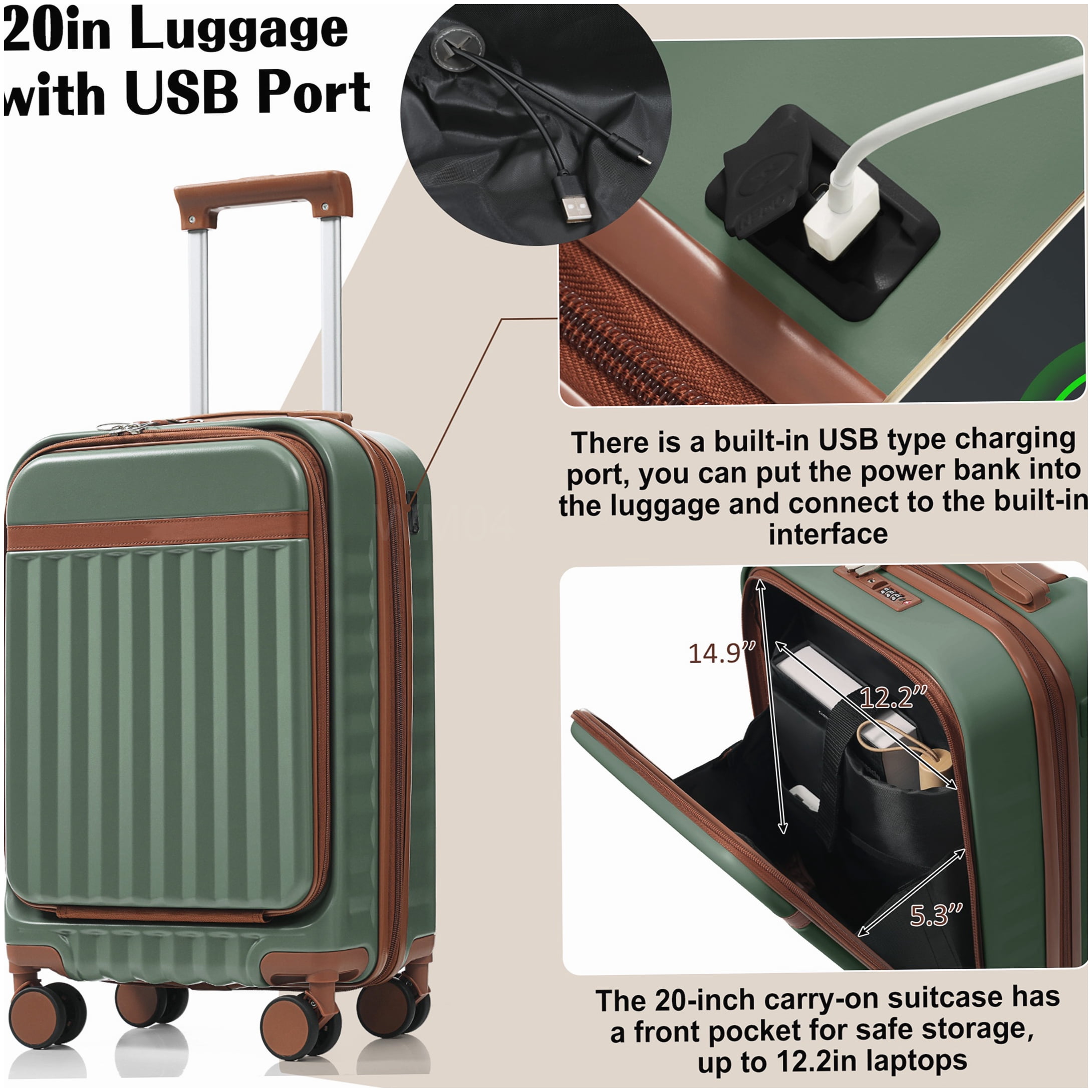 MANGIJOY Carry On Luggage with USB Port and Front Pocket, ABS 3-Piece Hardside Spinner Suitcase Set in Green for Men &; Women