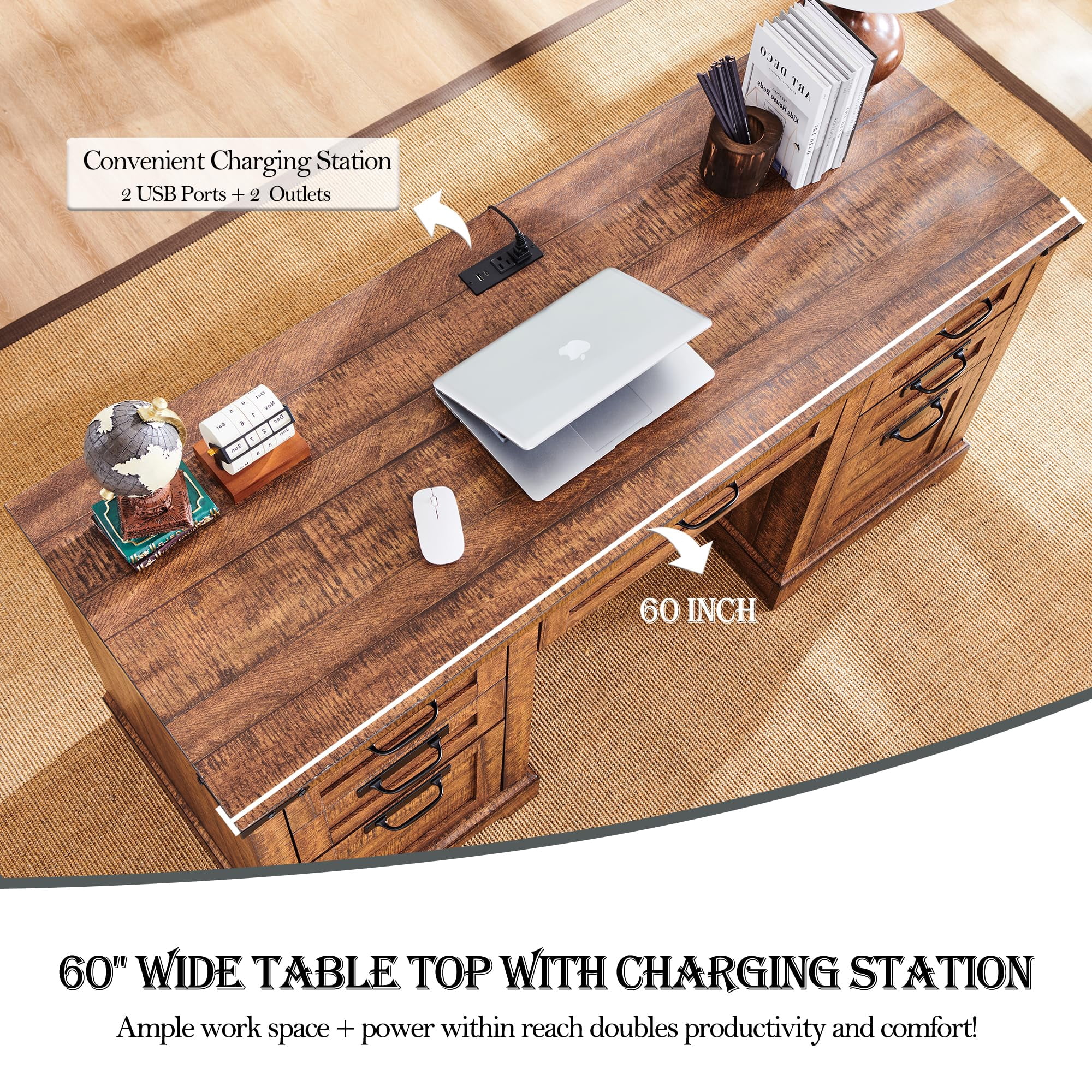 OKD Farmhouse Executive Desk, Rustic Office Desk with Charging Station and Keyboard Tray,Home Workstations with File Drawer, Storage Cabinet,Wood Computer Writing Desk, Reclaimed Barnwood