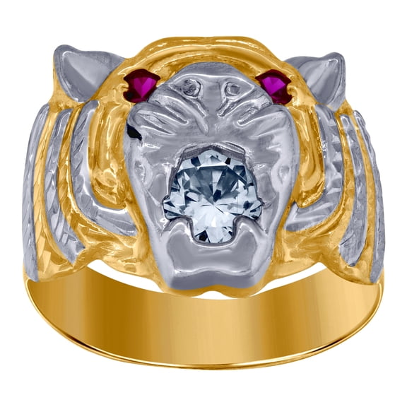 10k Two-tone Gold Mens White Pink Cubic Zirconia Tiger Animal Ring 19.5x6mm Wide Ring for Men