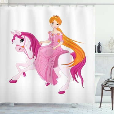 Ambesonne Pony Shower Curtain, Cartoon on Pinkish Mane Horse, 69"Wx84"L, Marigold Pink and White