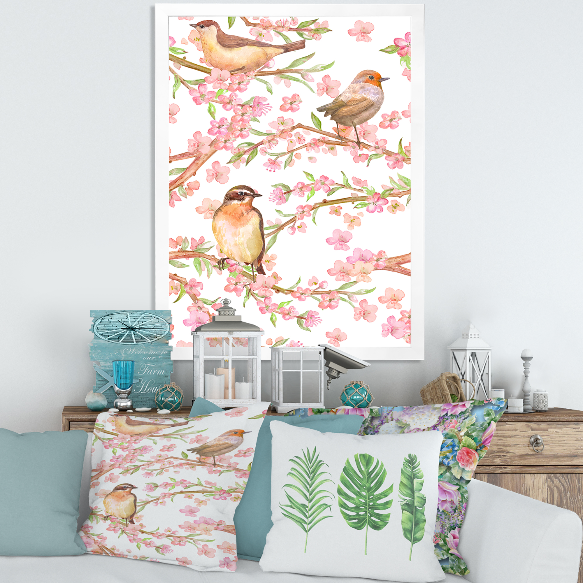 Lovely Birds On Branches Of Flowering Almond 24 in x 32 in Framed Painting Canvas Art Print, by Designart