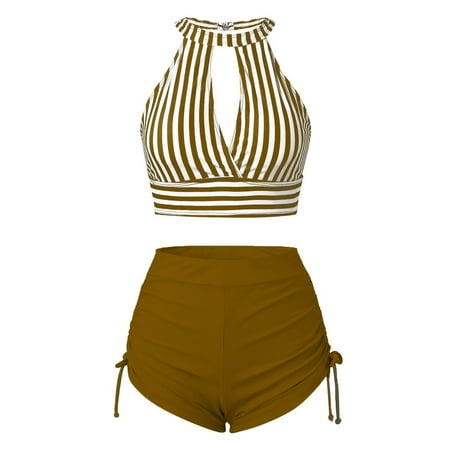 Hogloyecr Strapless Bikini Sets for Women Halter Tie Bottom Bikini Set Yellow Sports Swimsuit for Women Swimsuits Ruched High Waist with Bottom CountryGinger2XL