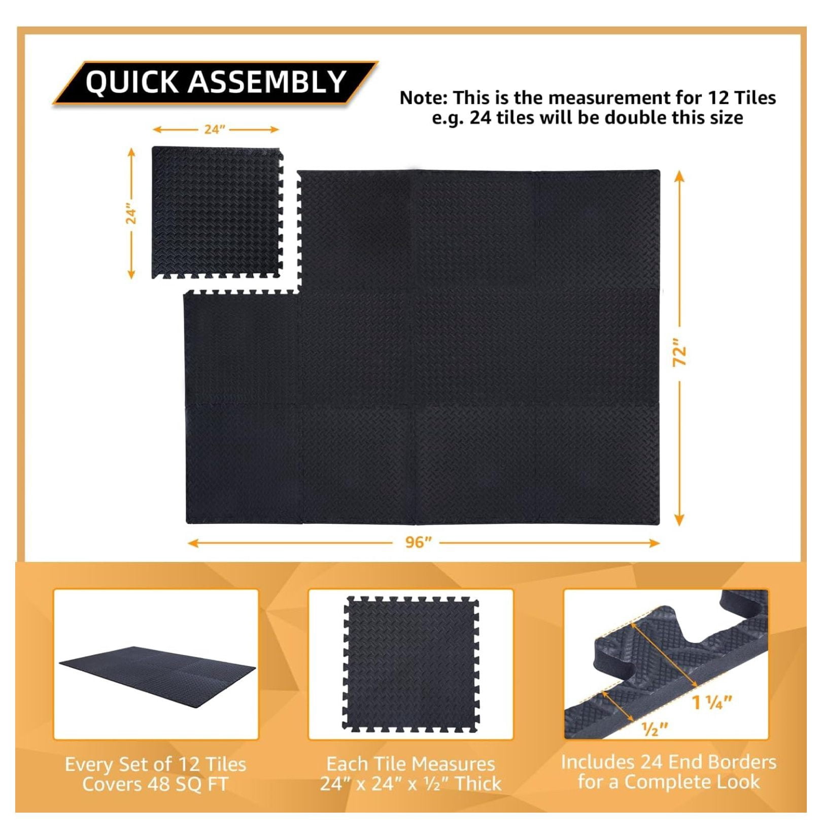 12 Pack, SQFT - 24" x 24" - 1/2" Extra Thick Floor for Home Gym or Floor Padding - High-Density Interlocking Foam Floor Tiles for Gym Equipment, Play Area | Yoga, Cardio, Weights