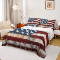 Feelyou American Flag Print Queen Sheet Sets for Men, Cartoon Stars Lines Flat Sheet, Oil Printing Art Queen Fitted Sheet, Luxury Bedroom Decor, 4-Piece
