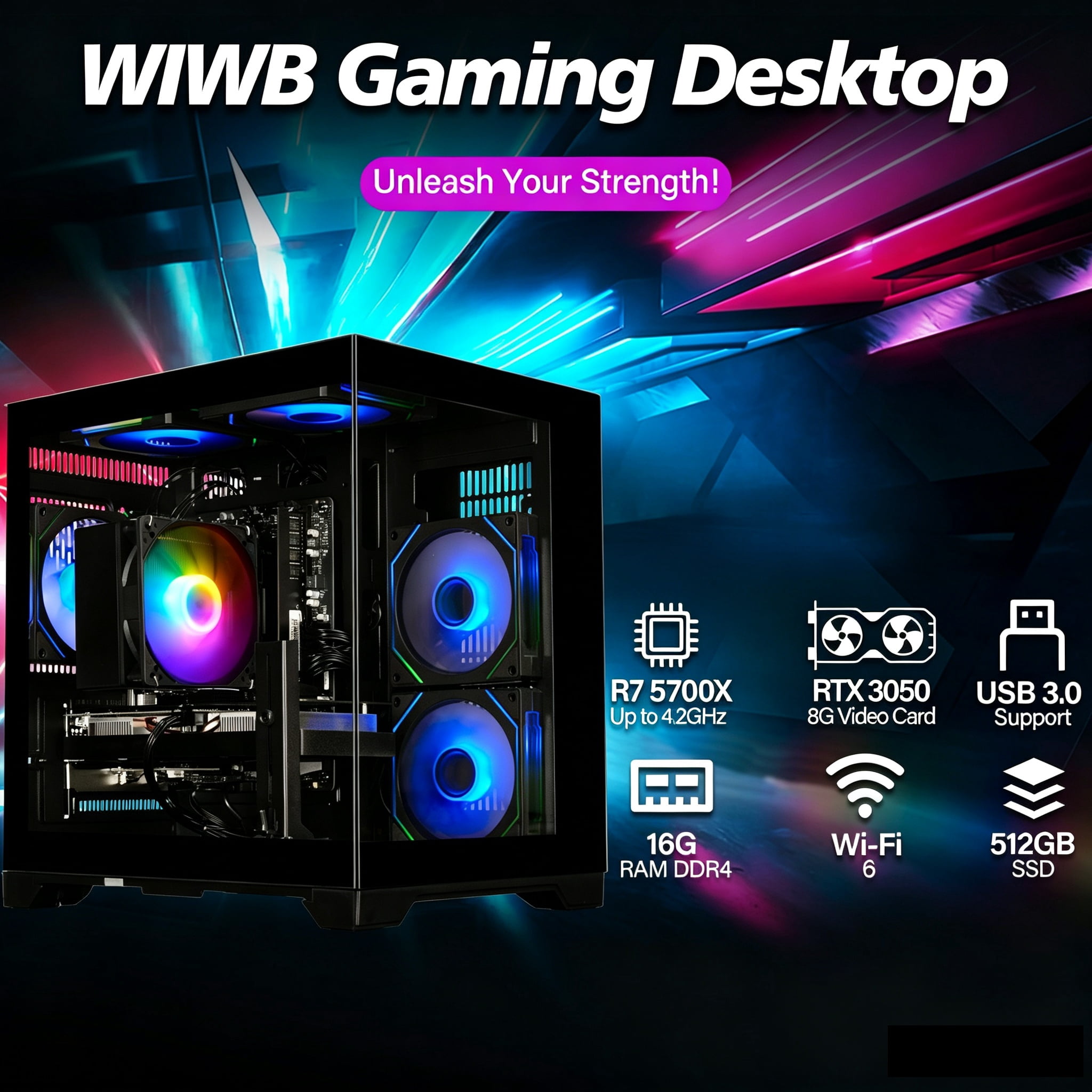 WIWB Gaming PC - Ryzen 7 5700X, RTX 3050 8GB, 16GB DDR4 512GB NVMe