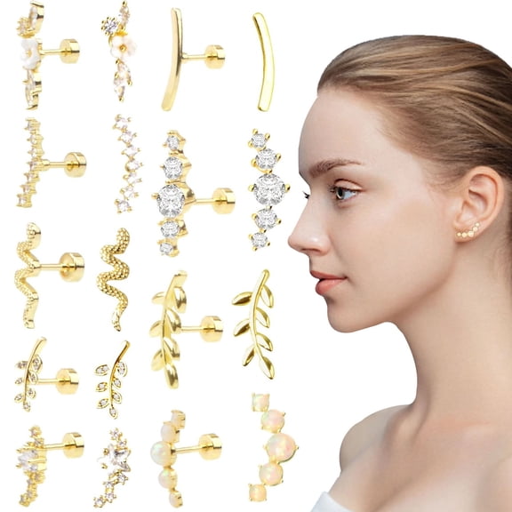 9pcs Cartilage Earrings Helix Piercing 14K Golden Plated Stainless Steel Opal CZ Conch Daith Tragus Piercing Jewelry Snake Leaf Screw Flat Back Stud Earrings Set for Sensitive Ears