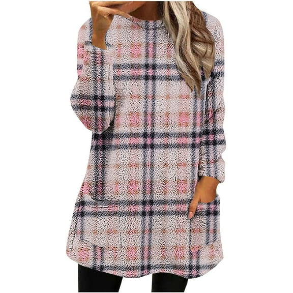 Fall Fashion Must Haves Ladies Warm Plaid Fleece Long Sleeve Pullover Sweatshirt Tops Round Neck with Front Pocket Casual Women Fall Clothes