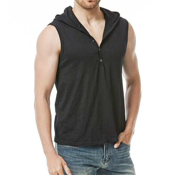 SWSMCLT Men's Tank Top Soft Cotton Fashion Workout Summer Spring Sleeveless Hoodie Hooded Vest Slim Fit Button Front Henley T Shirt Black Large