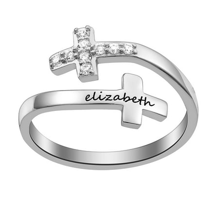Personalized Women's Sterling Silver or Gold over Sterling Engraved Name Double Cross Ring with Crystals