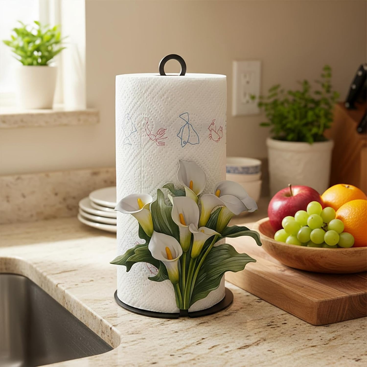 Decorative Paper Towel Holder with Flower Pattern – Freestanding Tissue Roll Rack for Home, Kitchen, Bathroom, or Office