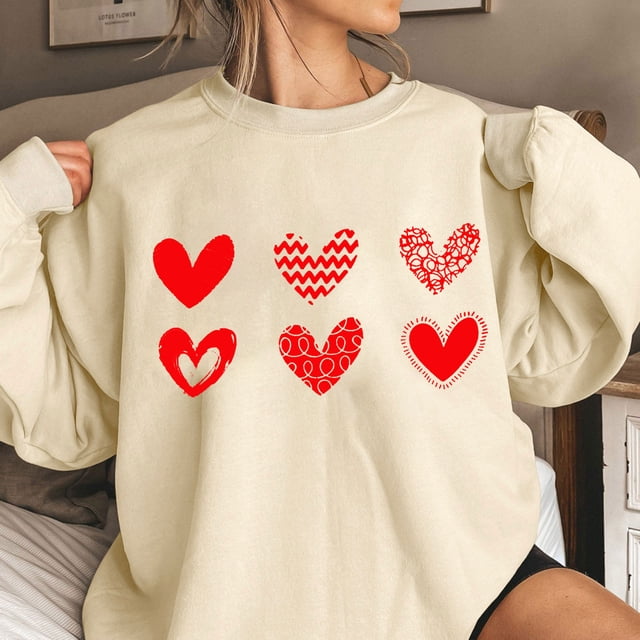 Qertyioot Chandail Cœur d'Amour Saint-Valentin, s Imprimé Mode Femme Manches Longues Col Rond Imprimé Blouse Ample Hauts