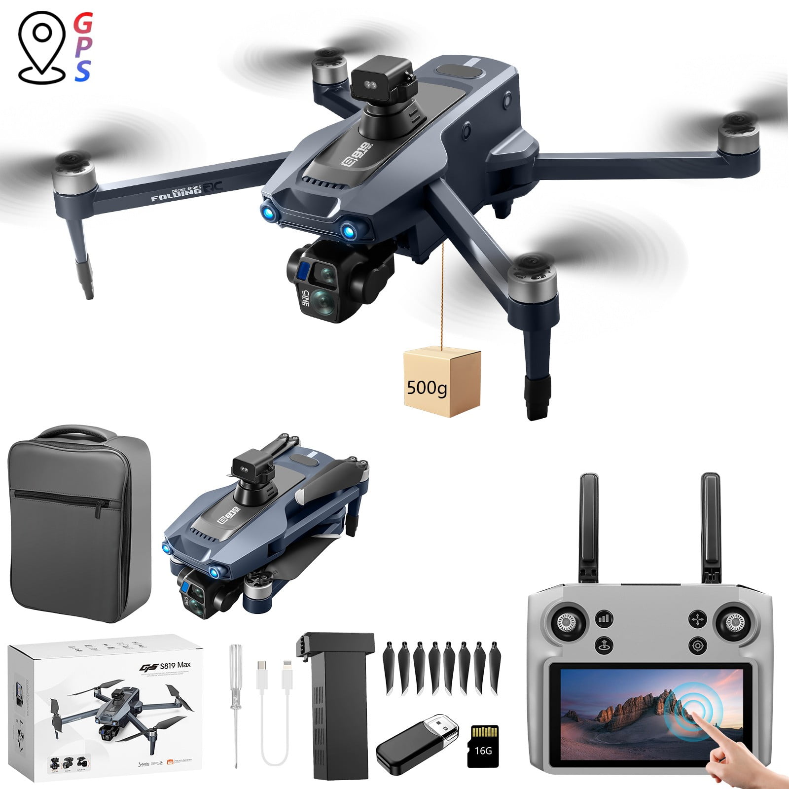 COM1950s Drone with Gps & 2.7K Camera,5 Inch Touch Screen Remote Control for Direct Viewing,Long Range 6000M Transmission with 5G,Foldable Design Featuring Laser Obstacle Avoidance,30Min Flight Time