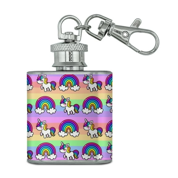 Cute Kawaii Rainbow Unicorn Pattern Stainless Steel 1oz Mini Flask Key Chain